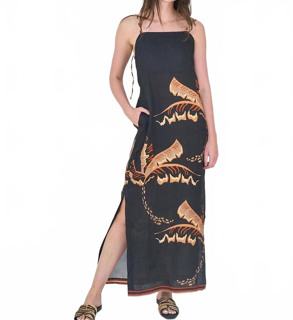 NEW LAS SUREÑAS elegant square neck long dress in bali tiger palms black